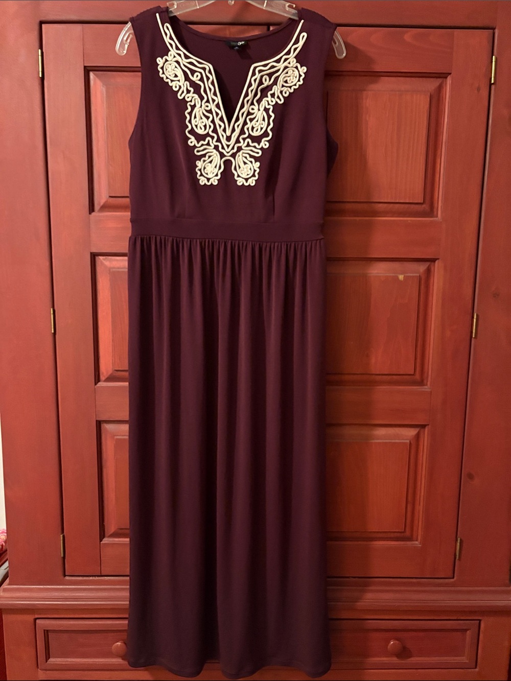 East 5th Burgundy Maxi Dress with Ivory Embroidered Yoke